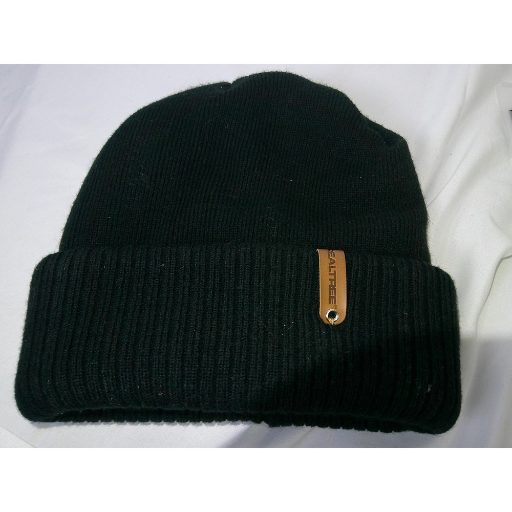 Realtree Mens Black Knit Cuffed Beanie Hat Leather Logo Patch One Size